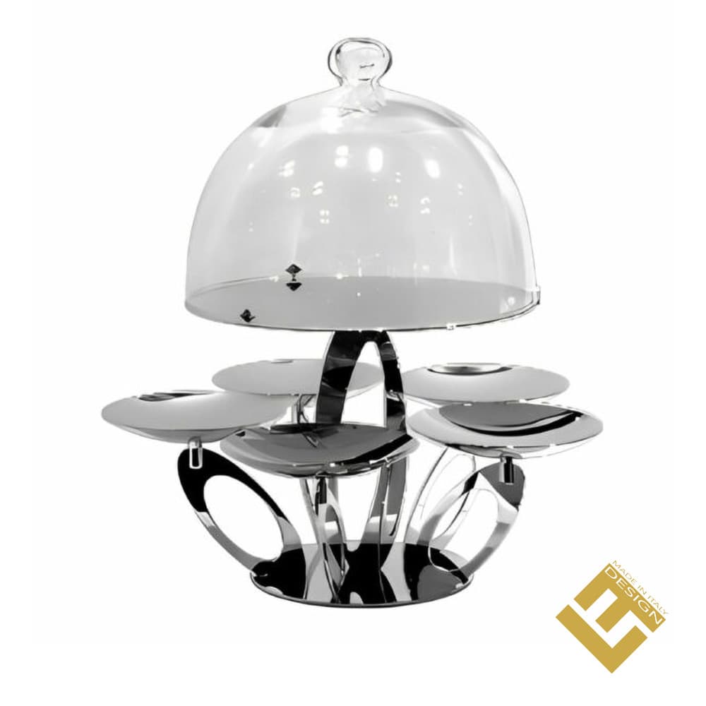 STAND W/5 CUPS S/S & PLATE W/GLASS DOME