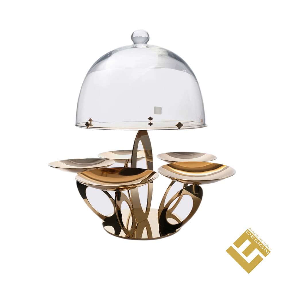 STAND W/5 CUPS & PLATE W/GLASS DOME GOLD PLATED