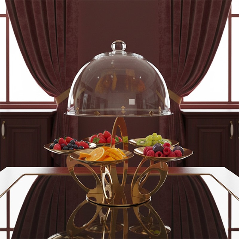 STAND W/5 CUPS & PLATE W/GLASS DOME GOLD PLATED