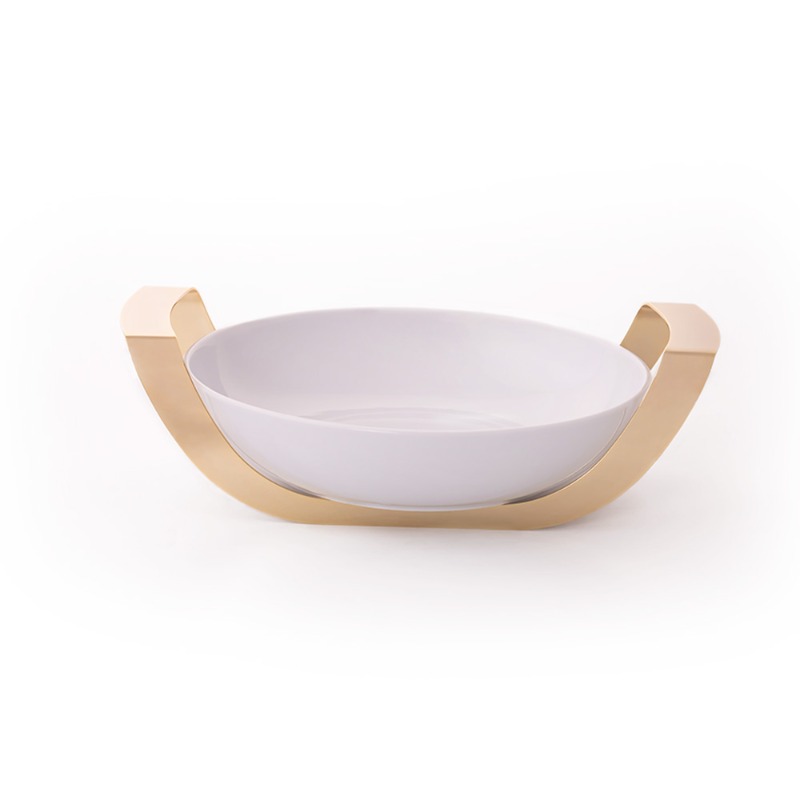 ROUND DISH W/S/S HOLDER GOLD & LID GOLD