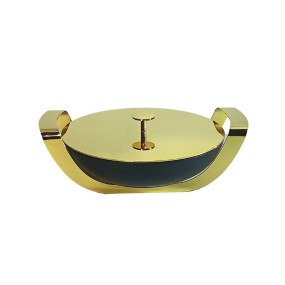 ROUND BLACK DISH W/S/S HOLDER GOLD & LID GOLD